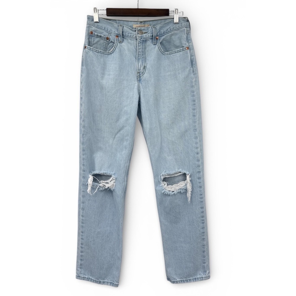 Levi's High Rise Light Wash Distressed Straight Leg Jeans 27‎ Knee Rip 30" Waist
